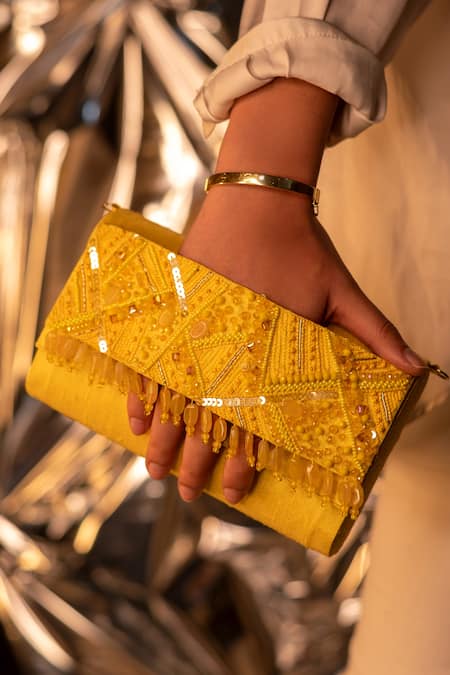 House Of Vian Yellow Beads, Pearls Juane Embellished Clutch
