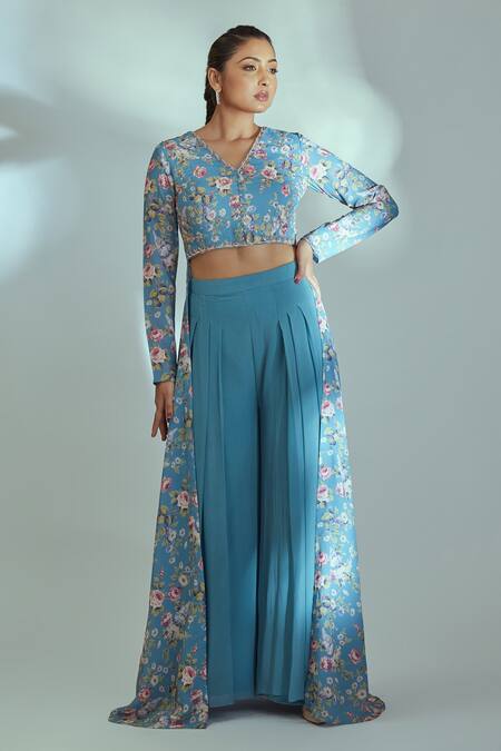 Buy Blue Georgette And Crepe Embroidered High-low Crop Top & Flared Pant Set  For Women by Suruchi Parakh Online at Aza Fashions.