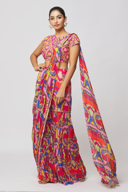 DiyaRajvvir Pink Georgette, Modal Embroidery, Cut Work Printed Gharara Saree With Blouse 