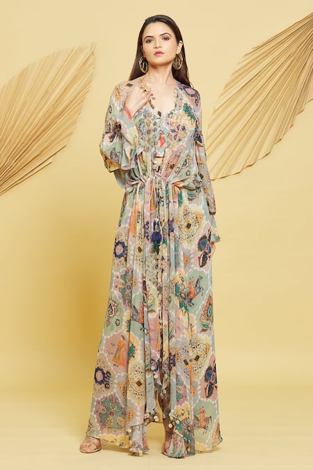 Rajat K Tangri Multi Color Crepe, Georgette Tassels Mughal Motifs Ruched Jacket And Pant Set 