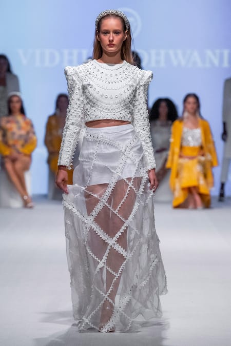 Buy Vidhi Wadhwani Off White Organza, Twill Pearls, Lace Round Neck Yaya Structured Top And Skirt Set Online at Aza Fashions Buy_Vidhi Wadhwani_Off White Organza, Twill Pearls, Lace Round Neck Yaya Structured Top And Skirt Set _Online_at_Aza_Fashions