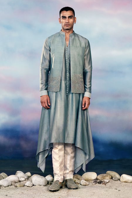 Rohit Gandhi + Rahul Khanna Blue Viscose, Chanderi Beads Embellished Bundi And Kurta Set 