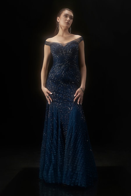 Rohit Gandhi + Rahul Khanna Blue Tulle And Crepe Embellished Crystals One Shoulder Starburst Off Gown 