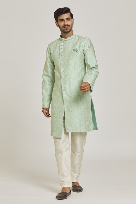 Adara Khan Green Sherwani Banarasi Jacquard Floral Pattern Overlap Set