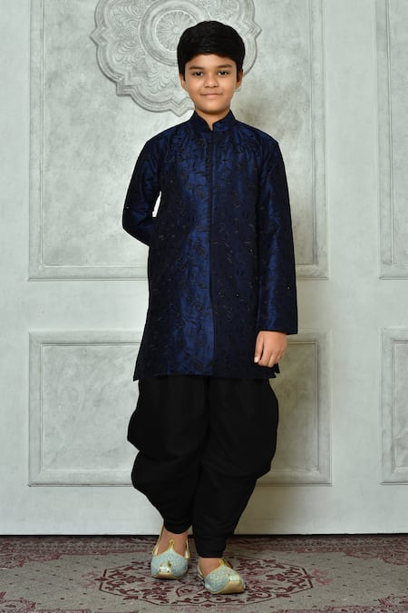 Petite Pomme Blue Silk Embroidery Thread Work Kurta And Patiala Pant Set 