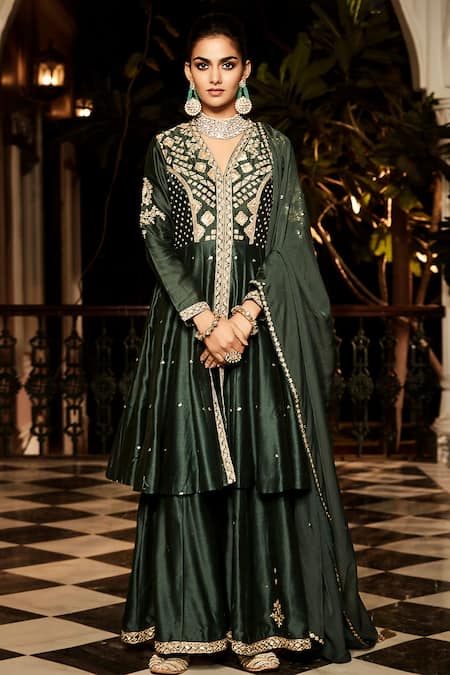 MATSYA Green Peplum Anarkali And Sharara Chanderi Silk & Dupatta Long Set  