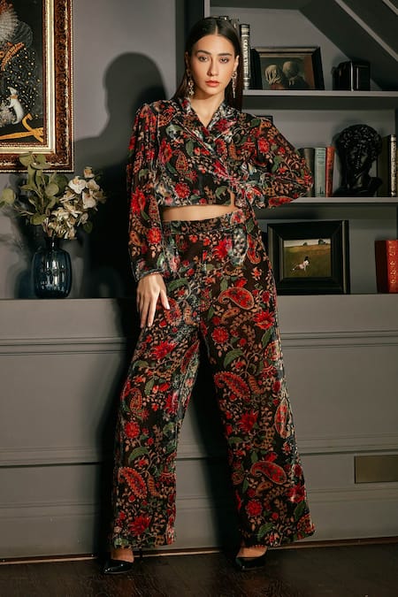 Priyanka Jain Black Velvet Paisley Lapel Collar Cropped Blazer And Pant Set 