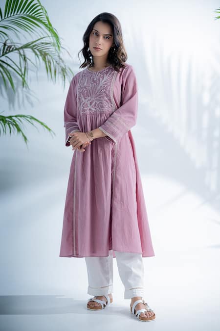 Pants and Pajamas Purple Cotton Embroidered Chikankari Round Mauve A-line Kurta And Pant Set 