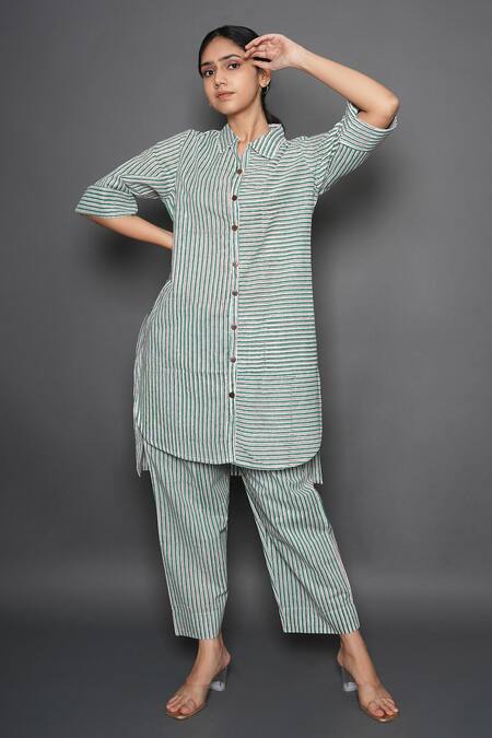 Kameez Green Cotton Printed Stripe Collared Neck Tunic And Pant Set