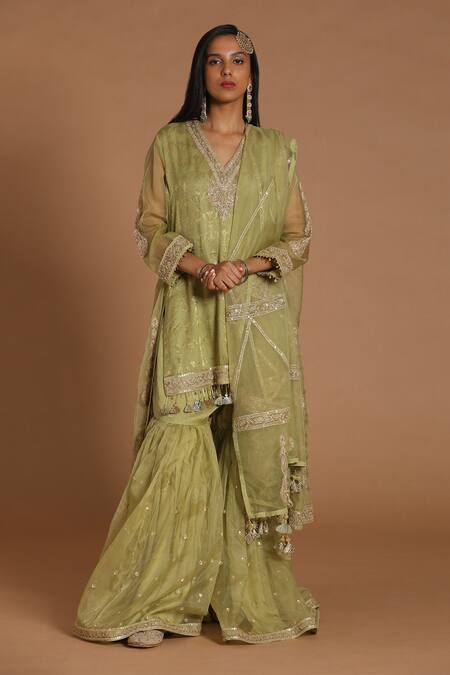 Rar Studio Green Chanderi Handloom (50%silk X 50%cotton) Dori Kurta Sharara Set  