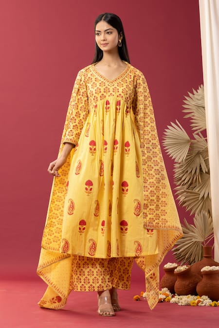 Abbaran Floral & Paisley Block Print Anarkali Palazzo Set 