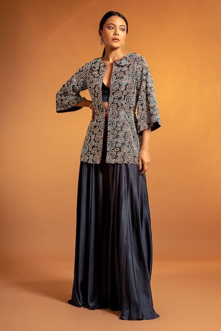 Sejal Kamdar Blue Pure Satin Crepe Ajrak Embellished Jacket And Fluid Pant Set 