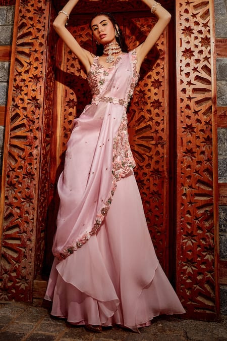 Vivid Elegance: Semi Silk Aari Top with Contrast Skirt – Kalas Couture India