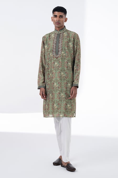 Siddhartha Bansal Green Chanderi Embroidery Anchor Royal Chintz Kurta Set  