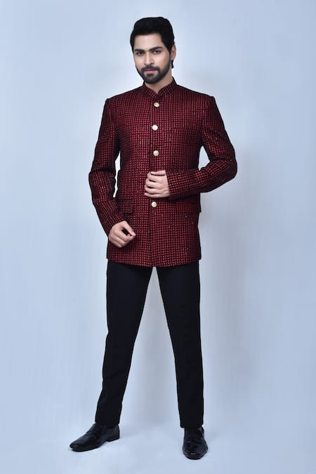 Arihant Rai Sinha Maroon Velvet Embroidery Thread And Sequin Full Sleeve Bandhgala Set 