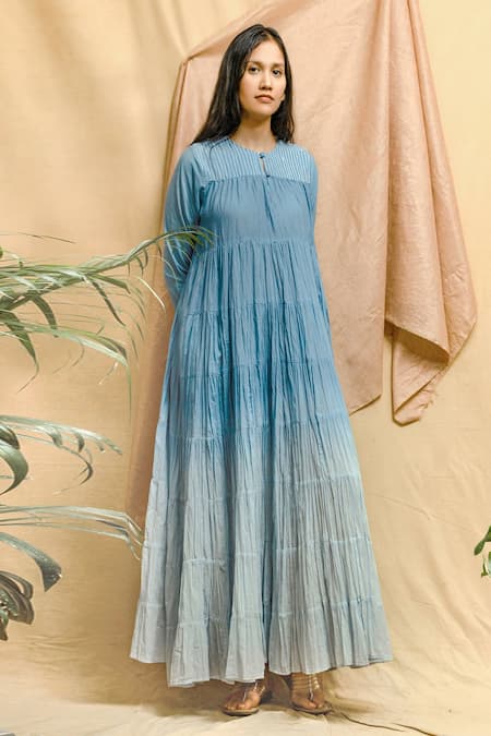 Chambray & Co. Blue Cotton Plain Stipes Round Ombre Tiered Dress 