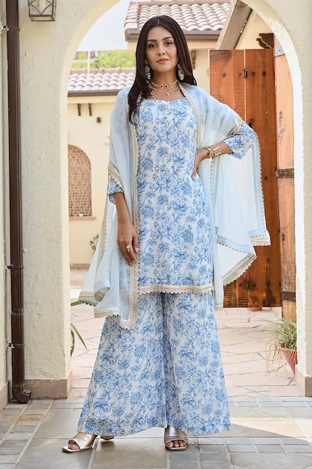Palak & Mehak Ivory Printed Kurta Set With Sheer Cape 