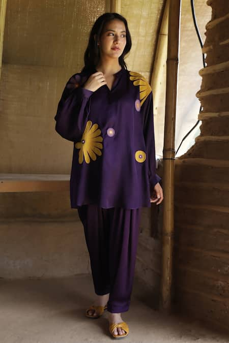 Raiman Purple Modal Satin Printed Floral Band Patchwork Embroidered Kurta And Salwar Set 