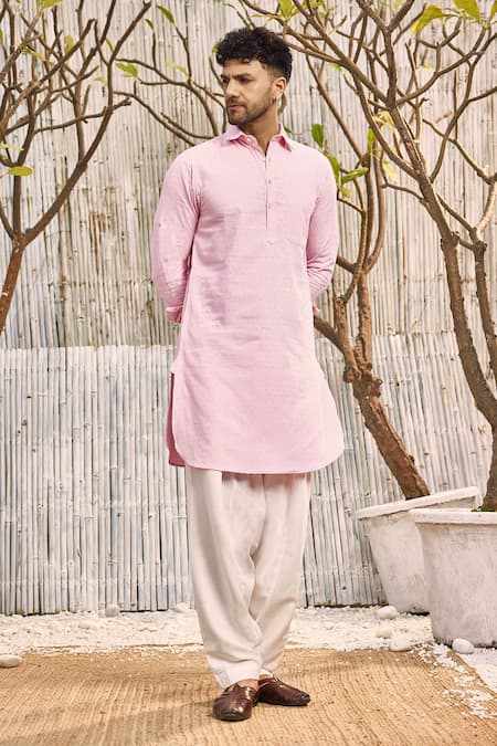 Charkhee Pink Kurta  Dobby Cotton Solid Full Sleeve Pathani And Salwar Set 