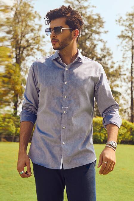 Buy Blue 100% Cotton Dash Chambray Shirt For Men by Philocaly