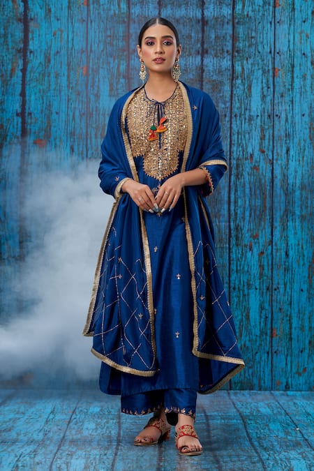 Shop_Label Niti Bothra_Blue Silk Marodi, Tikki, Zardozi Round Embroidered Kurta And Palazzo Set _at_Aza_Fashions