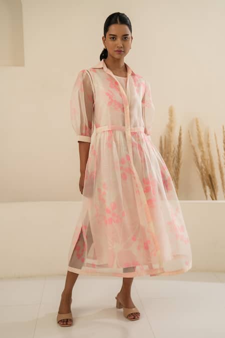 Arcvsh By Pallavi Singh Pink Organza, Chanderi Collared Cherry Blossom Print Shirt Dress 