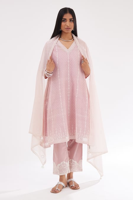 Buy Pink Kurta And Dupatta Cotton Chanderi Hand Block Print A-line ...