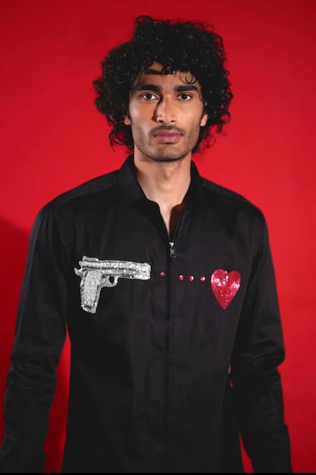 Shop Sanjana Reddy Designs Black Cotton Embroidery Placement Heart And Gun Shirt at Aza Fashions Shop_Sanjana Reddy Designs_Black Cotton Embroidery Placement Heart And Gun Shirt _at_Aza_Fashions