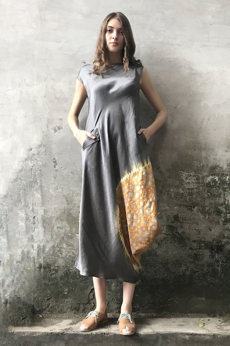 I am Design Grey Linen Satin Ikat Round Cowl Dress 