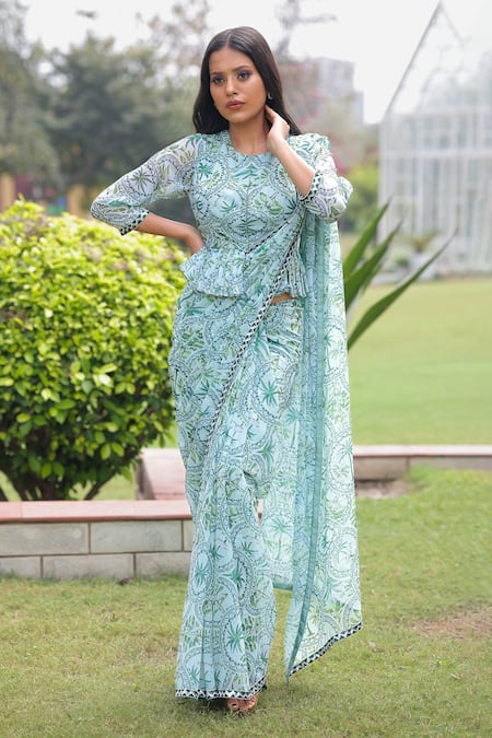 Buy Green Georgette Printed Tropical Round Saree With Peplum Blouse For  Women by House of Tushaom Online at Aza Fashions.