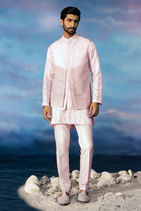 Rohit Gandhi + Rahul Khanna Pink Viscose, Chanderi Embroidery Geometric Embellished Bundi And Kurta Set 