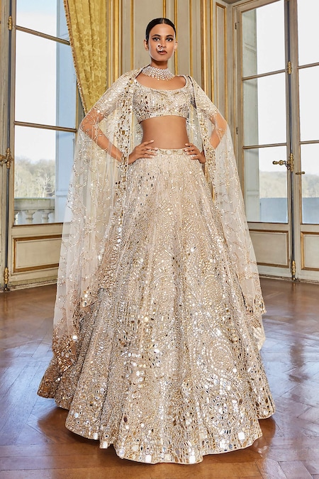 Seema Gujral Gold Net Embroidery Mirror And Thread Scoop Neck Bridal Lehenga Set 