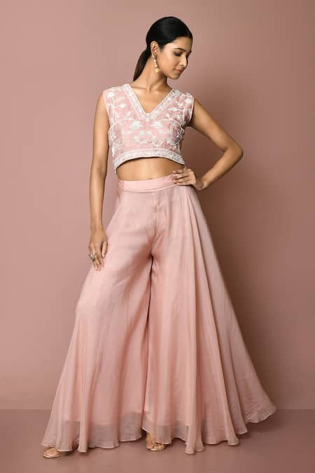 Samyukta Singhania Pink Organza Embroidery Pearl V Neck Crop Top And Sharara Set 