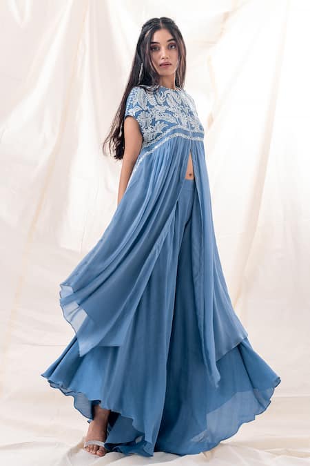 PIRI INDIA Blue Organza, Georgette Embroidery Round Neck Yoke Kurta And Palazzo Set