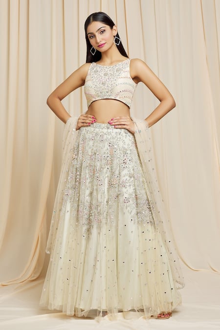 Izzumi Mehta Ivory Net Embroidered Floral Round Hand Lehenga Choli Set 