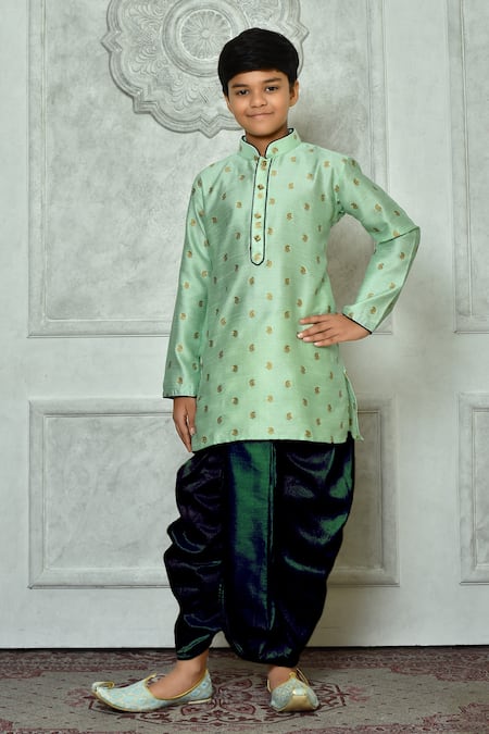 Petite Pomme Green Polyester, Silk Paisley Pattern Kurta And Dhoti Pant Set 