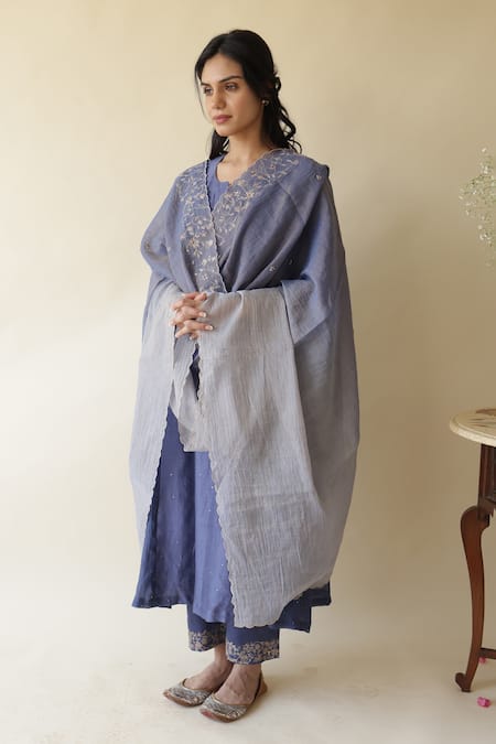 Shop_Rhua_Blue Muslin, , Satin, Silk Embroidery, Adiba Mukaish Work Kurta Set _Online_at_Aza_Fashions