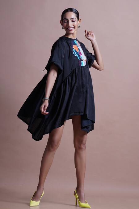 Ekastories_Black Cotton Embroidery Round Neck Giant Granadilla Billowy Waist Hem Dress _Online_at_Aza_Fashions