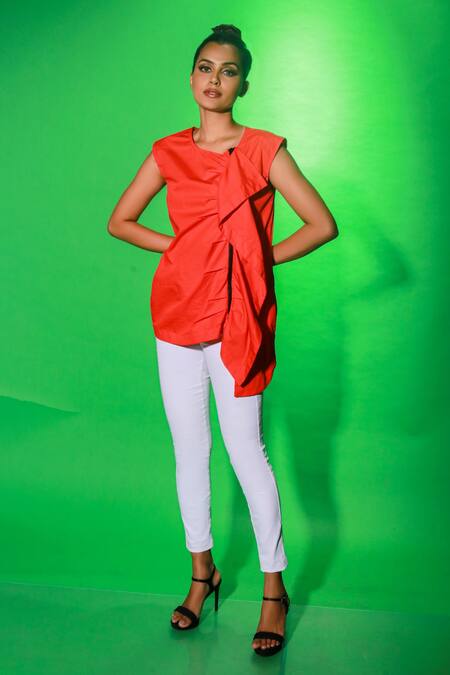 Buy Echke Coral Cotton Round Neck Side Drape Top at Aza Fashions Buy_Echke_Coral Cotton Round Neck Side Drape Top_at_Aza_Fashions