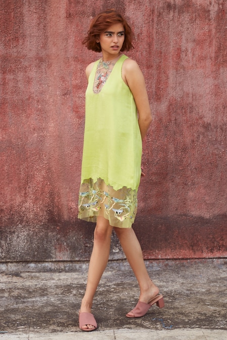 Archana Rao Green Organza Embroidered Cutdana Round Shift Dress 