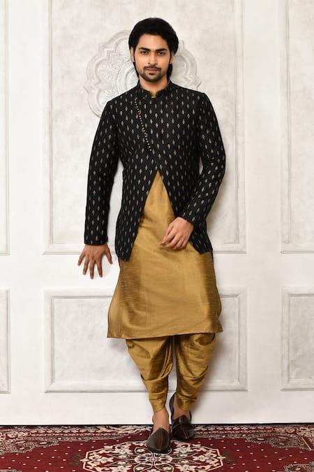 Arihant Rai Sinha Gold Dupion Silk Plain Pleated Cowl Draped Patiala 