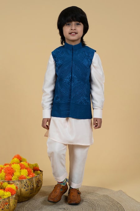 Little Boys Closet Pink Crepe, Cotton, Silk Embroidery Bundi Kurta Set 