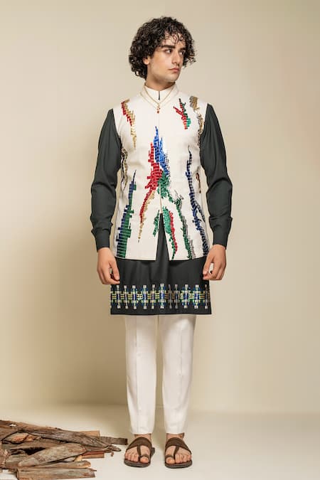 Abkasa Ivory Terrycloth Sequins, Embroidery Bundi Kurta Set 