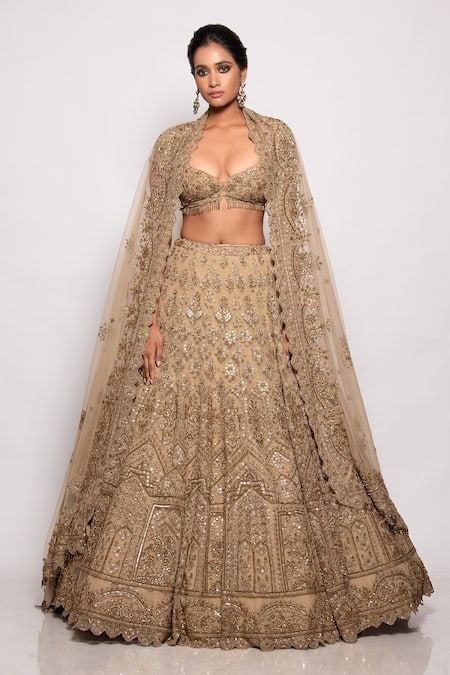 Pallavi Poddar Gold Tulle Beads, Sequins V-neck Beta Embroidered Bridal Lehenga Set 