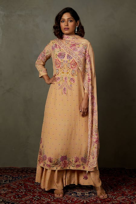 RI.Ritu Kumar Peach Kurta Silk Printed Floral Notched Dahlia Gharara Set 