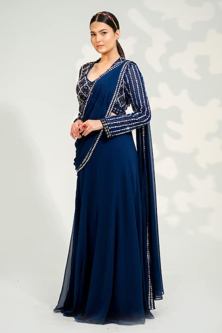 Tamaraa By Tahani Blue Georgette Embroidered Sequin V Neck Kalidar Crystal Drape Saree Lehenga Set
