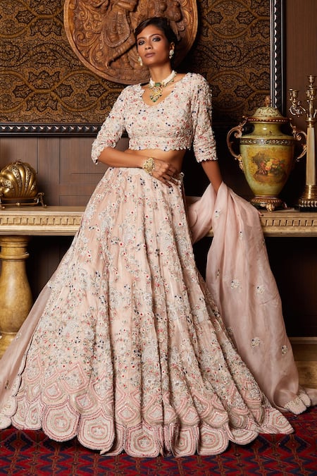Off-White Printed Tissue Organza Lehenga Paired With Short Kaftaan And