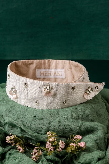 Shop_Mehraki_White Bead And Sequin Embellished Belt _at_Aza_Fashions