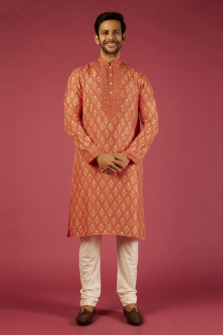 Krishna Mehta Orange Tussar Printed Floral Blossom Kurta Set 