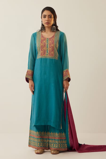 Shrutkirti Blue Chanderi Silk Embroidered Aari Round Straight Kurta Palazzo Set 